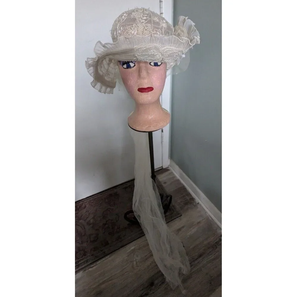 Vtg White Wedding Derby Hat Lace Beaded Veil Flower Applique Coquette Royalcore